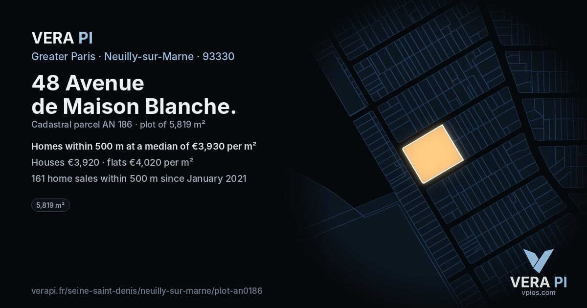 48 Avenue de Maison Blanche, Neuilly-sur-Marne at night – the plot lit, the parcels around coloured by the prices near them
