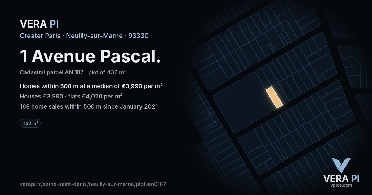 1 Avenue Pascal, Neuilly-sur-Marne at night – the plot lit, the parcels around coloured by the prices near them