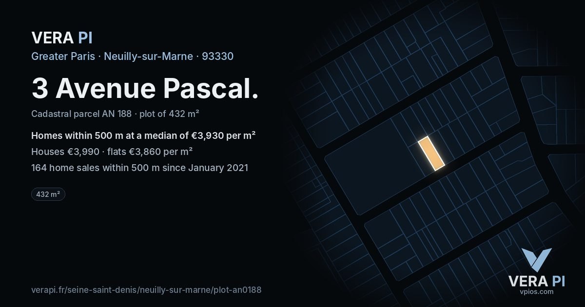 3 Avenue Pascal, Neuilly-sur-Marne at night – the plot lit, the parcels around coloured by the prices near them