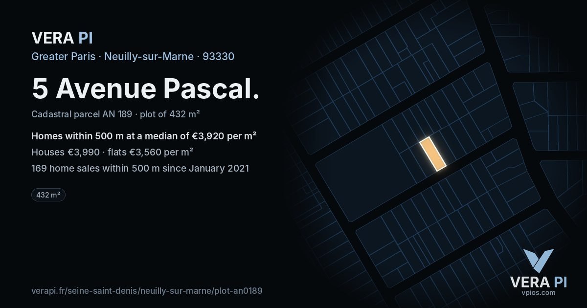 5 Avenue Pascal, Neuilly-sur-Marne at night – the plot lit, the parcels around coloured by the prices near them