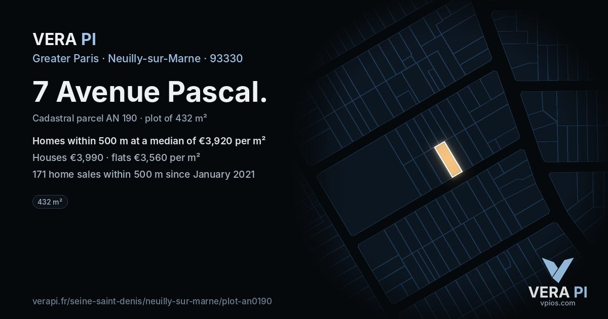 7 Avenue Pascal, Neuilly-sur-Marne at night – the plot lit, the parcels around coloured by the prices near them