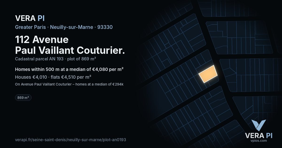 112 Avenue Paul Vaillant Couturier, Neuilly-sur-Marne at night – the plot lit, the parcels around coloured by the prices near them