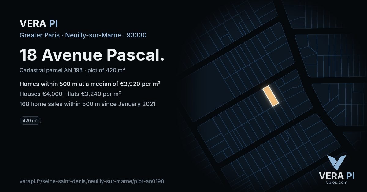 18 Avenue Pascal, Neuilly-sur-Marne at night – the plot lit, the parcels around coloured by the prices near them