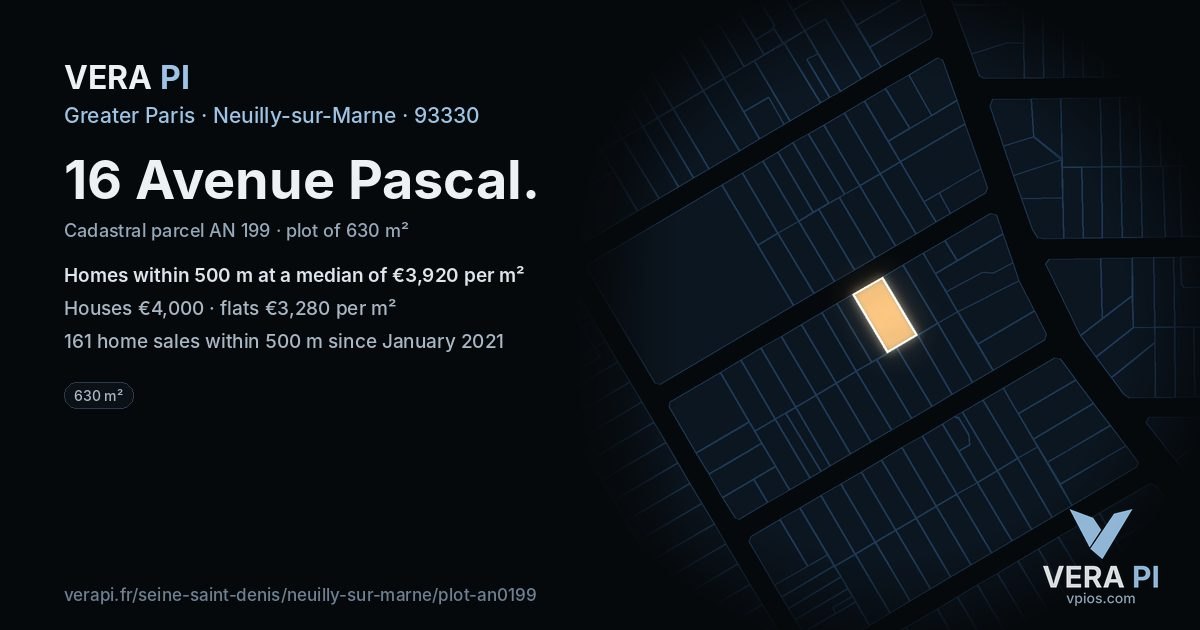 16 Avenue Pascal, Neuilly-sur-Marne at night – the plot lit, the parcels around coloured by the prices near them