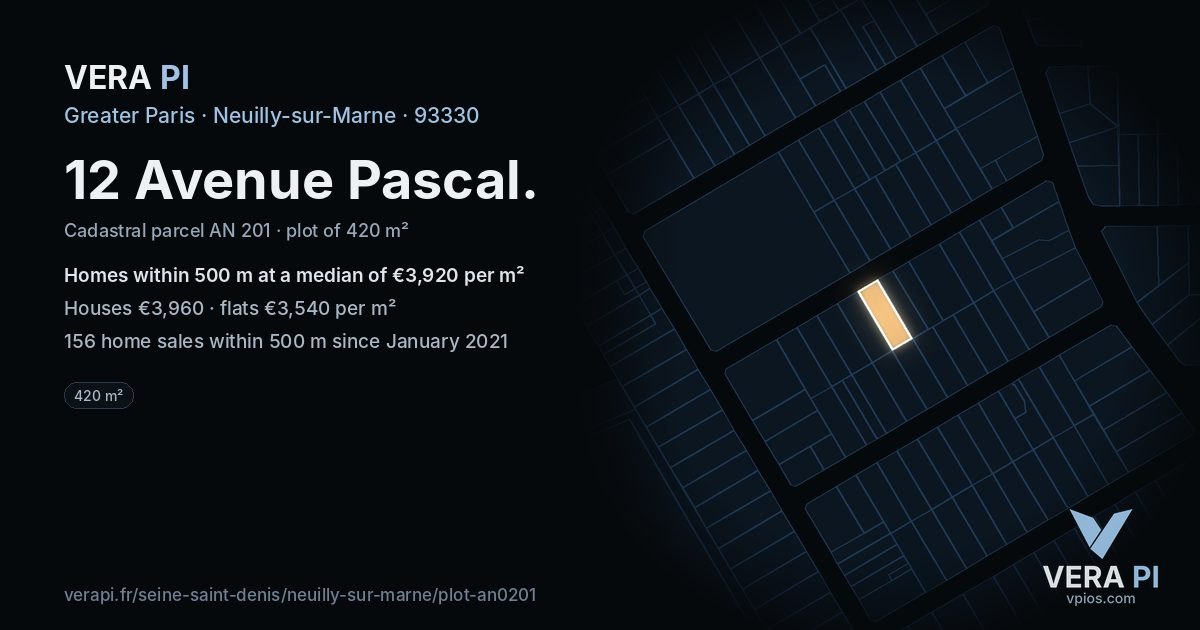 12 Avenue Pascal, Neuilly-sur-Marne at night – the plot lit, the parcels around coloured by the prices near them
