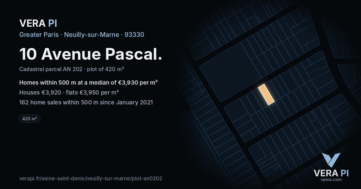 10 Avenue Pascal, Neuilly-sur-Marne at night – the plot lit, the parcels around coloured by the prices near them