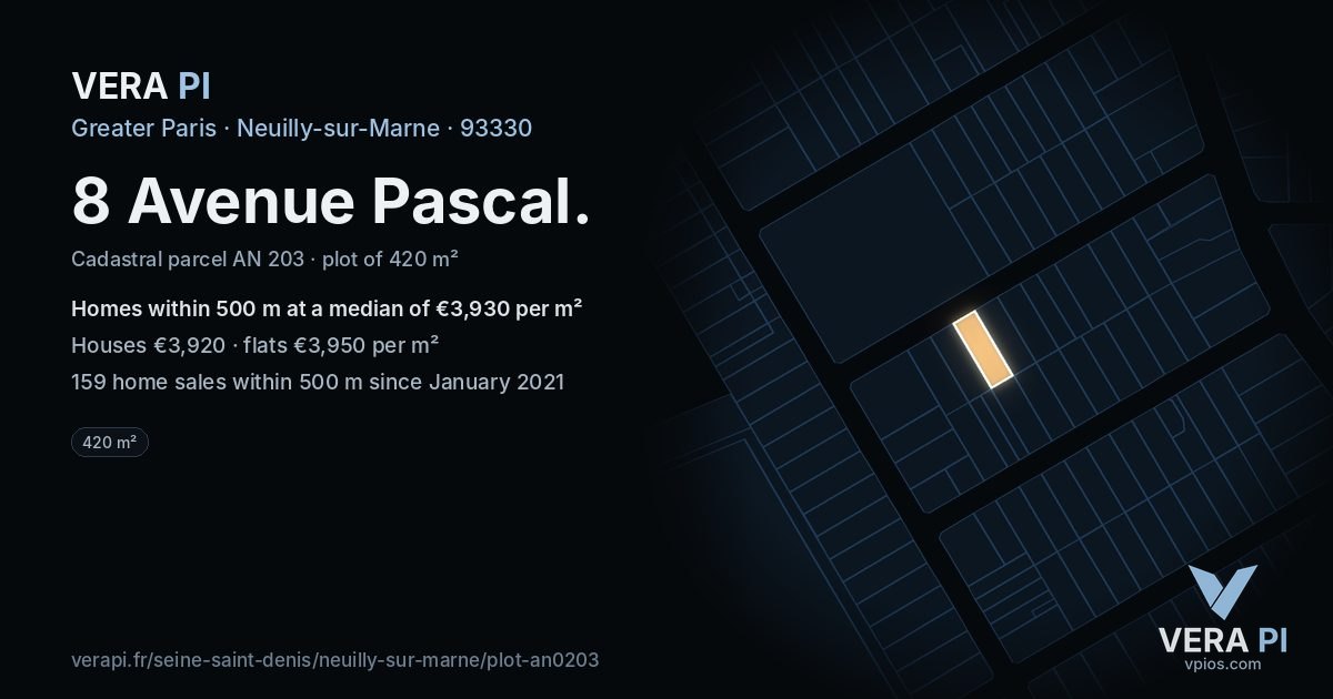 8 Avenue Pascal, Neuilly-sur-Marne at night – the plot lit, the parcels around coloured by the prices near them