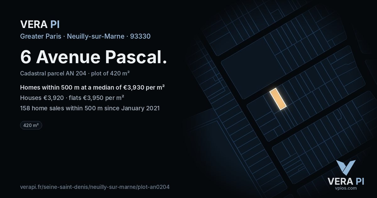 6 Avenue Pascal, Neuilly-sur-Marne at night – the plot lit, the parcels around coloured by the prices near them
