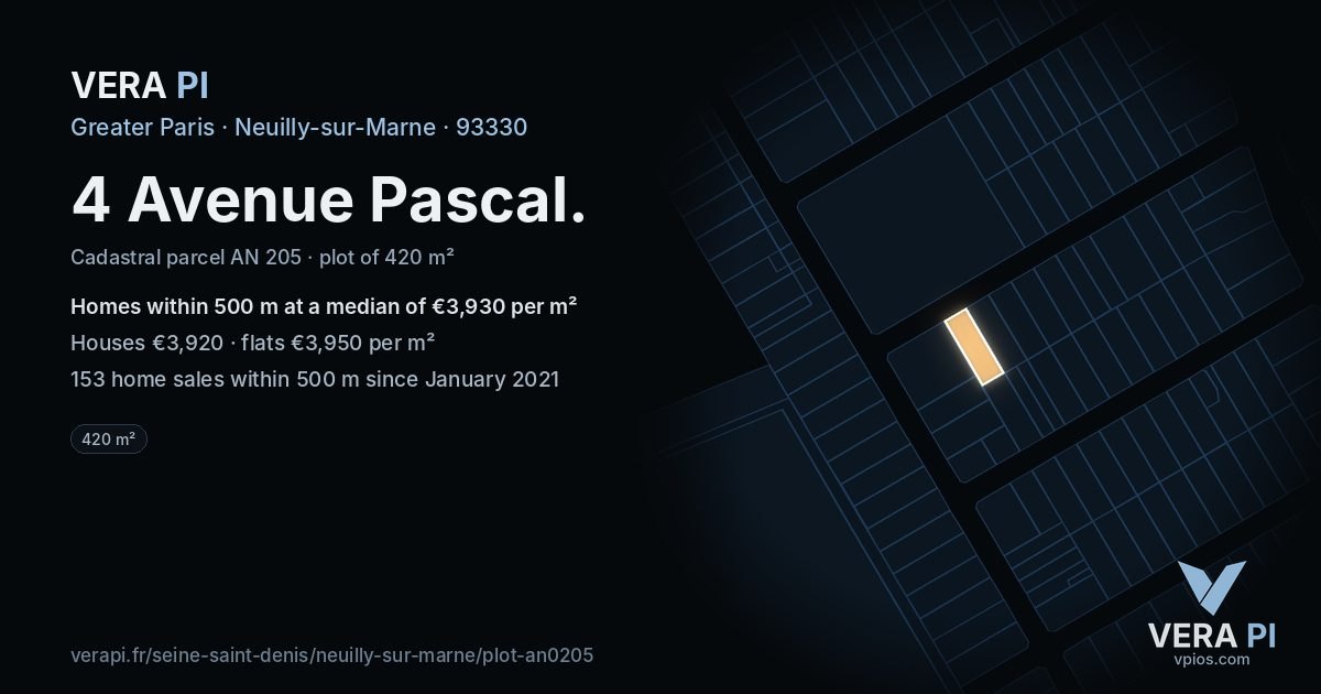 4 Avenue Pascal, Neuilly-sur-Marne at night – the plot lit, the parcels around coloured by the prices near them