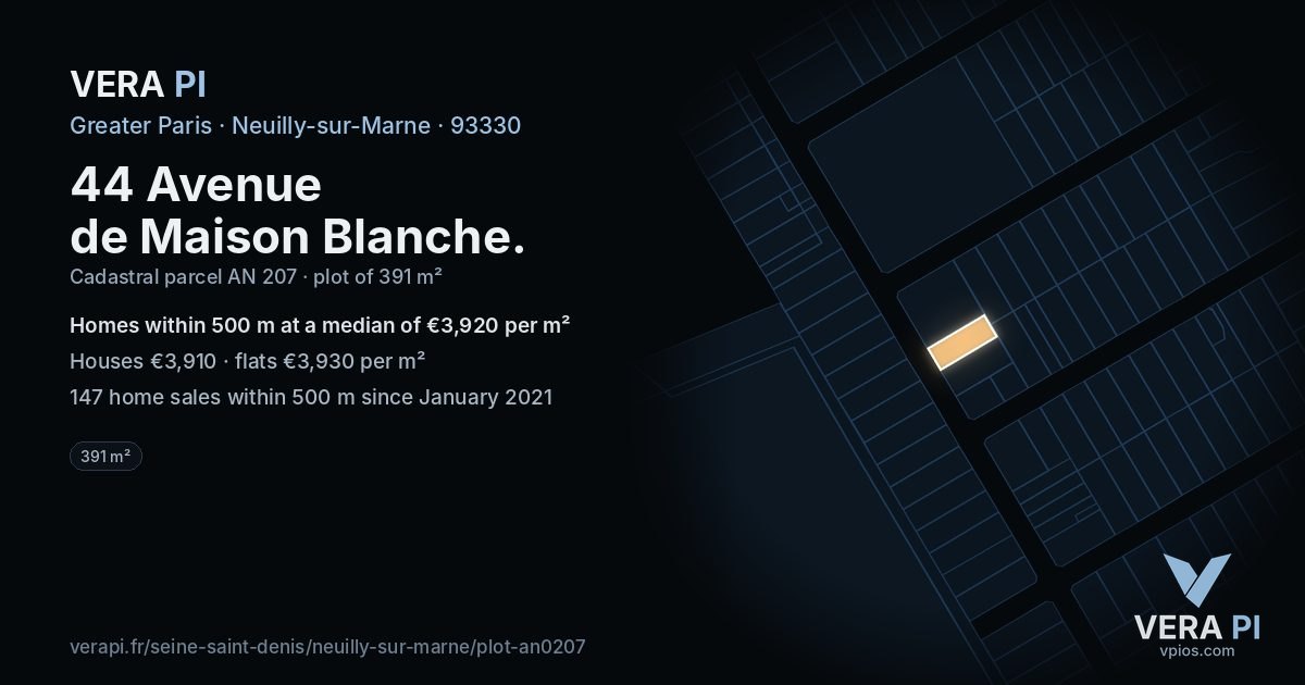 44 Avenue de Maison Blanche, Neuilly-sur-Marne at night – the plot lit, the parcels around coloured by the prices near them