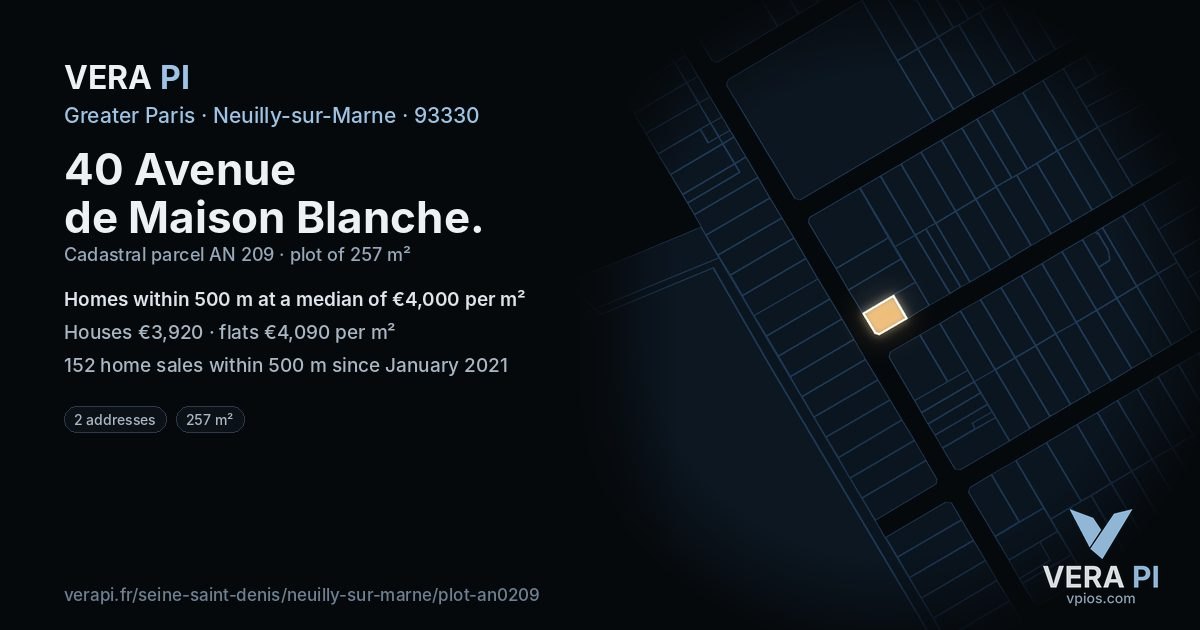 40 Avenue de Maison Blanche, Neuilly-sur-Marne at night – the plot lit, the parcels around coloured by the prices near them