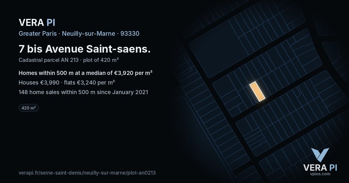 7 bis Avenue Saint-saens, Neuilly-sur-Marne at night – the plot lit, the parcels around coloured by the prices near them