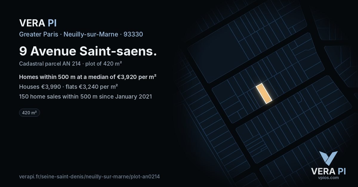 9 Avenue Saint-saens, Neuilly-sur-Marne at night – the plot lit, the parcels around coloured by the prices near them