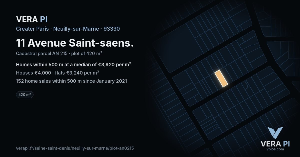 11 Avenue Saint-saens, Neuilly-sur-Marne at night – the plot lit, the parcels around coloured by the prices near them
