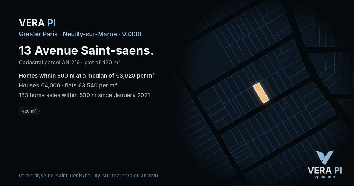 13 Avenue Saint-saens, Neuilly-sur-Marne at night – the plot lit, the parcels around coloured by the prices near them