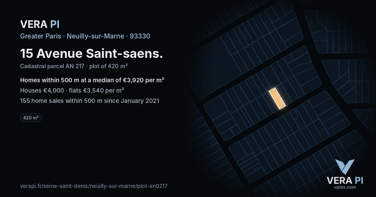 15 Avenue Saint-saens, Neuilly-sur-Marne at night – the plot lit, the parcels around coloured by the prices near them