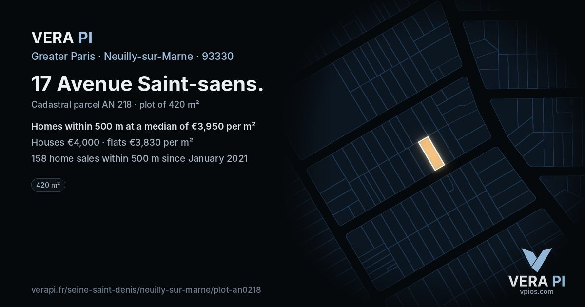 17 Avenue Saint-saens, Neuilly-sur-Marne at night – the plot lit, the parcels around coloured by the prices near them