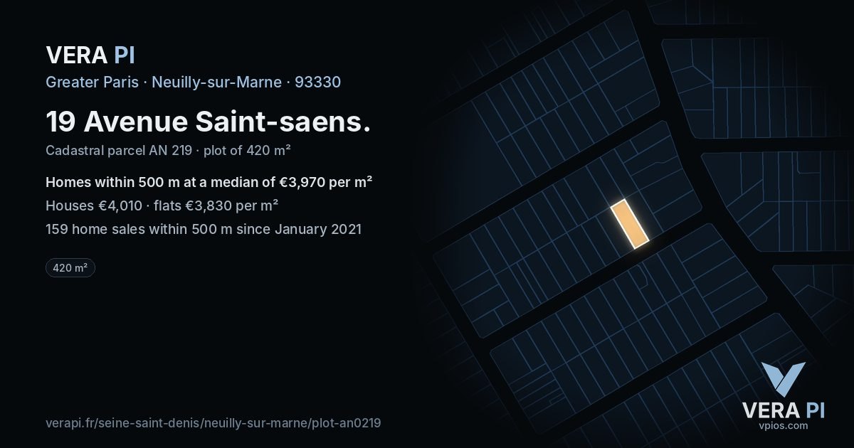 19 Avenue Saint-saens, Neuilly-sur-Marne at night – the plot lit, the parcels around coloured by the prices near them