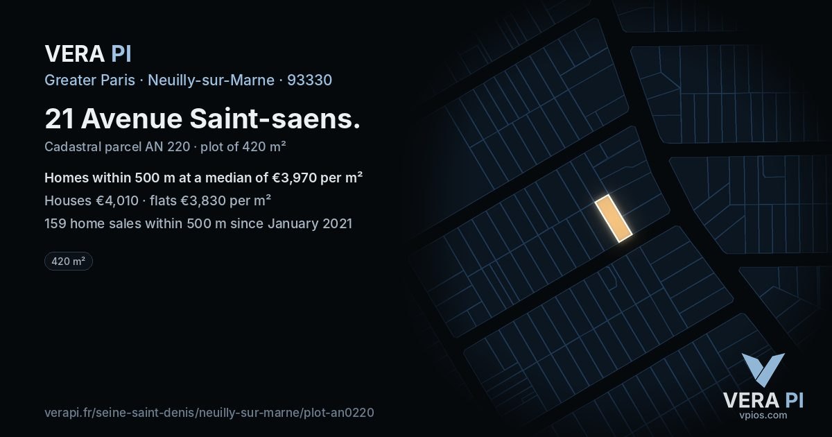 21 Avenue Saint-saens, Neuilly-sur-Marne at night – the plot lit, the parcels around coloured by the prices near them