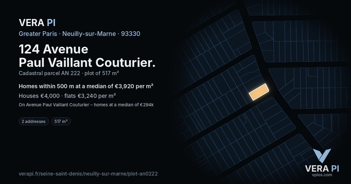 124 Avenue Paul Vaillant Couturier, Neuilly-sur-Marne at night – the plot lit, the parcels around coloured by the prices near them