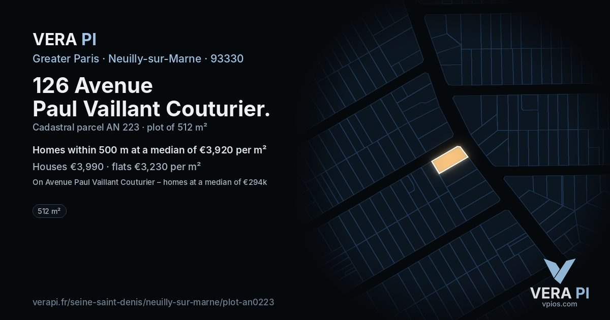 126 Avenue Paul Vaillant Couturier, Neuilly-sur-Marne at night – the plot lit, the parcels around coloured by the prices near them