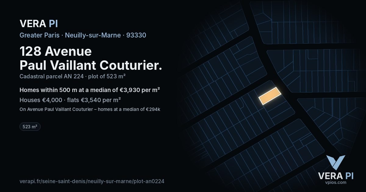 128 Avenue Paul Vaillant Couturier, Neuilly-sur-Marne at night – the plot lit, the parcels around coloured by the prices near them