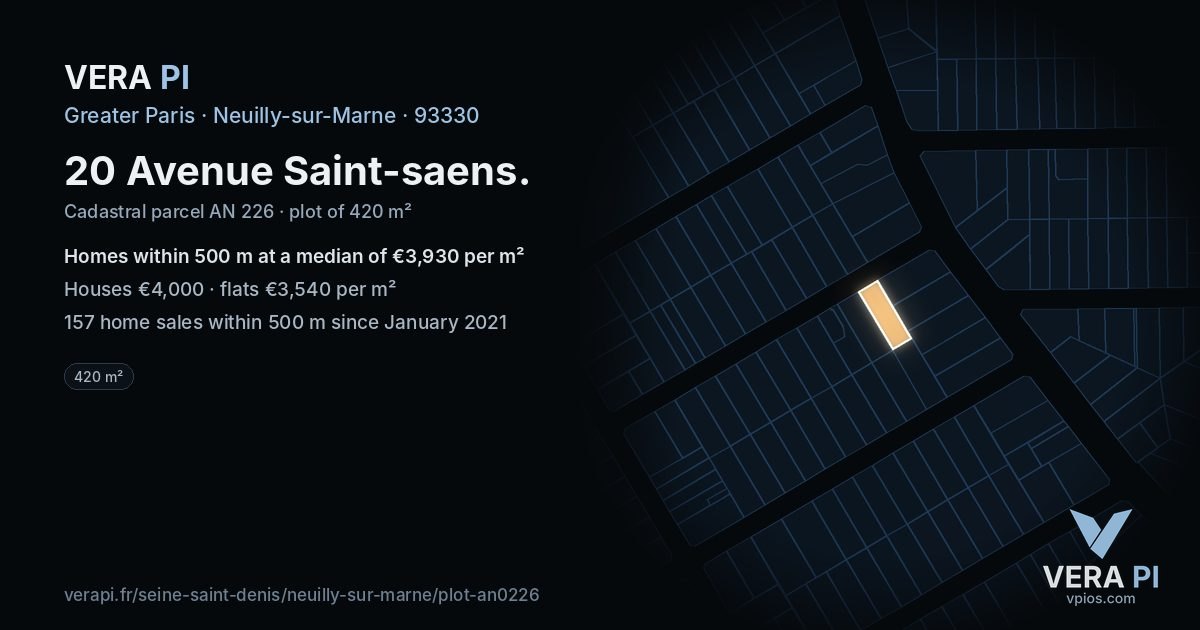 20 Avenue Saint-saens, Neuilly-sur-Marne at night – the plot lit, the parcels around coloured by the prices near them