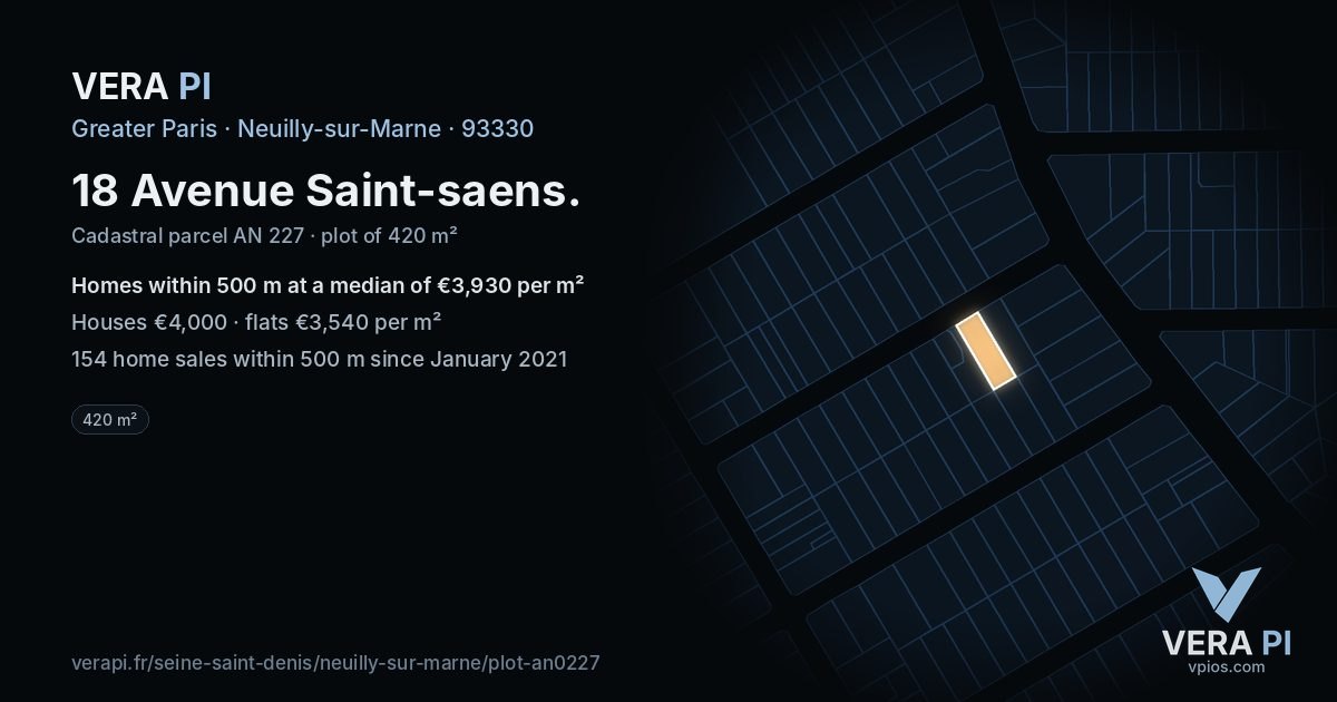 18 Avenue Saint-saens, Neuilly-sur-Marne at night – the plot lit, the parcels around coloured by the prices near them