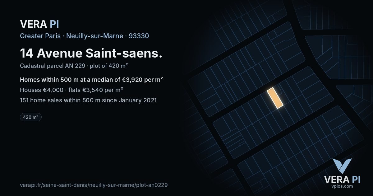 14 Avenue Saint-saens, Neuilly-sur-Marne at night – the plot lit, the parcels around coloured by the prices near them