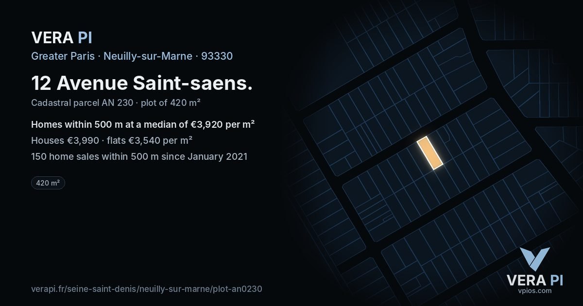 12 Avenue Saint-saens, Neuilly-sur-Marne at night – the plot lit, the parcels around coloured by the prices near them