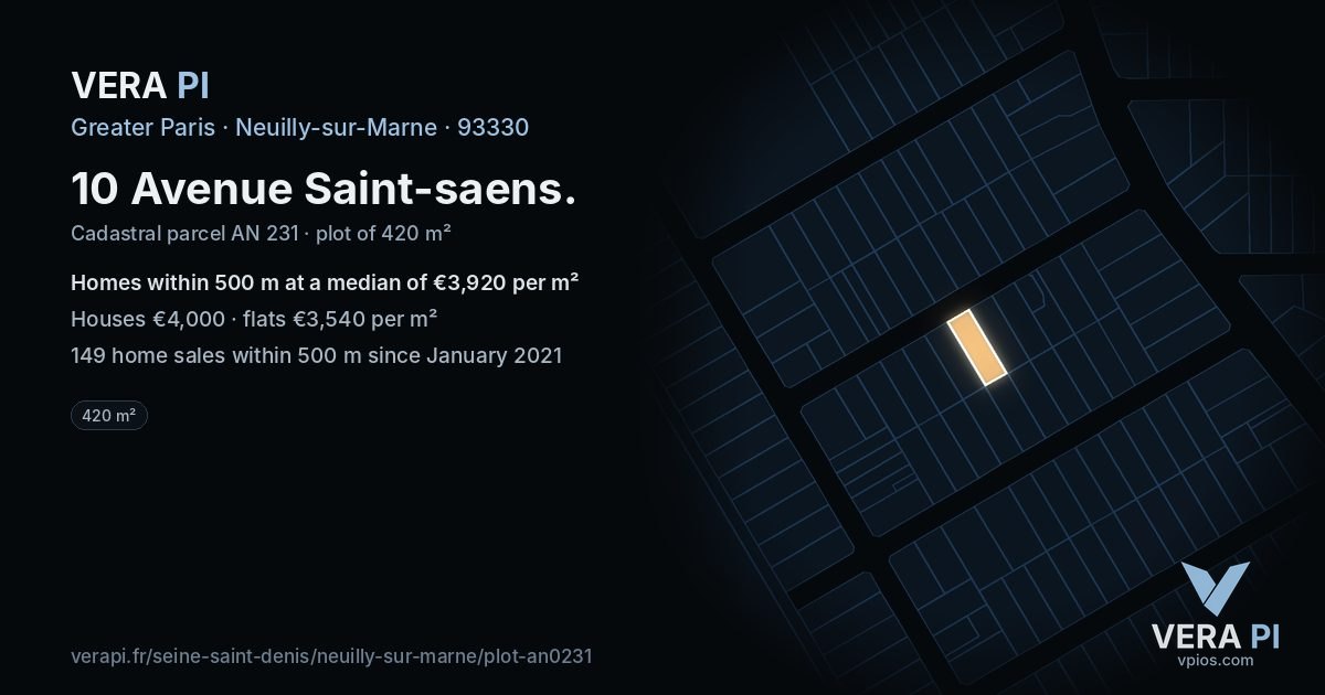 10 Avenue Saint-saens, Neuilly-sur-Marne at night – the plot lit, the parcels around coloured by the prices near them