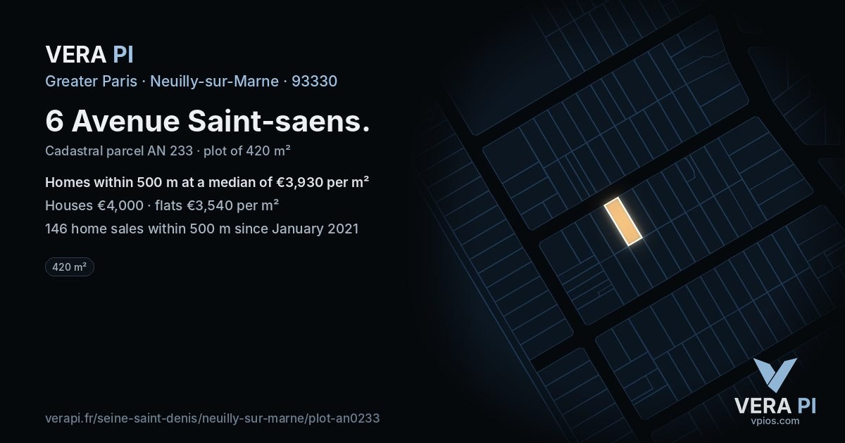 6 Avenue Saint-saens, Neuilly-sur-Marne at night – the plot lit, the parcels around coloured by the prices near them