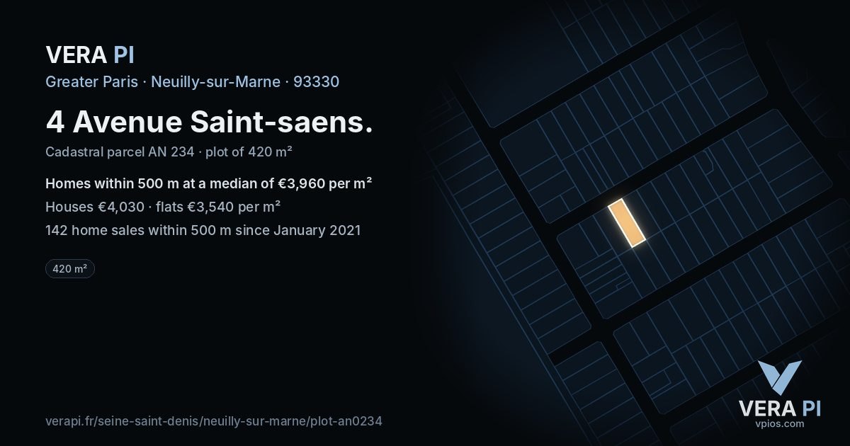 4 Avenue Saint-saens, Neuilly-sur-Marne at night – the plot lit, the parcels around coloured by the prices near them