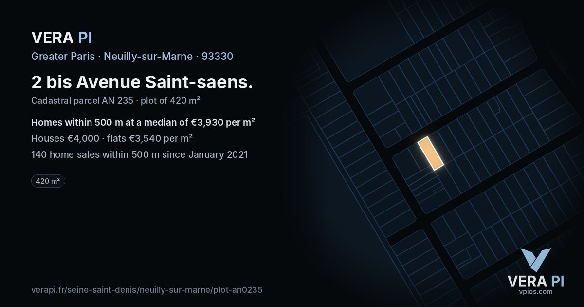 2 bis Avenue Saint-saens, Neuilly-sur-Marne at night – the plot lit, the parcels around coloured by the prices near them