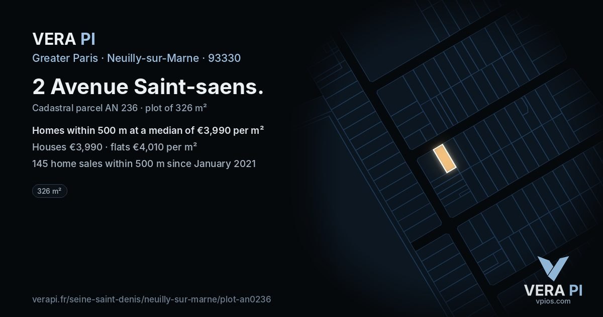 2 Avenue Saint-saens, Neuilly-sur-Marne at night – the plot lit, the parcels around coloured by the prices near them