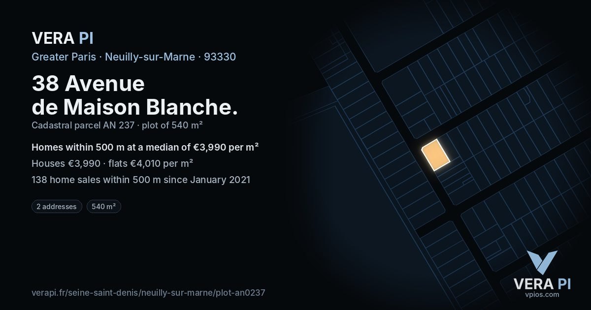 38 Avenue de Maison Blanche, Neuilly-sur-Marne at night – the plot lit, the parcels around coloured by the prices near them