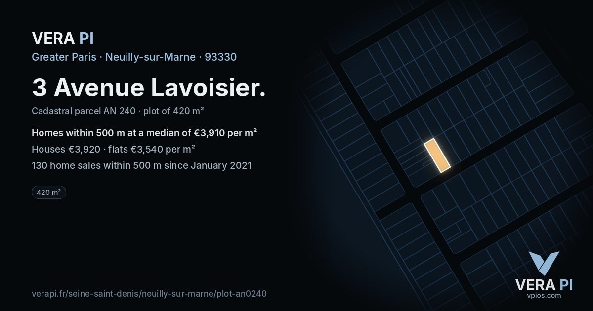 3 Avenue Lavoisier, Neuilly-sur-Marne at night – the plot lit, the parcels around coloured by the prices near them