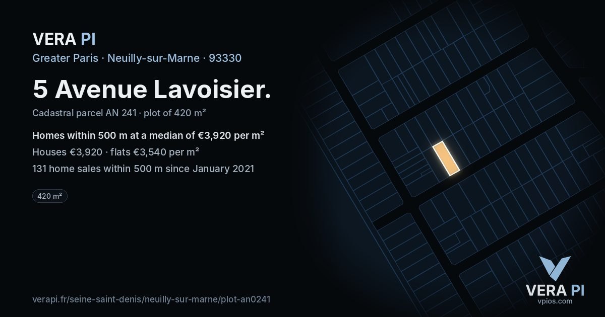5 Avenue Lavoisier, Neuilly-sur-Marne at night – the plot lit, the parcels around coloured by the prices near them