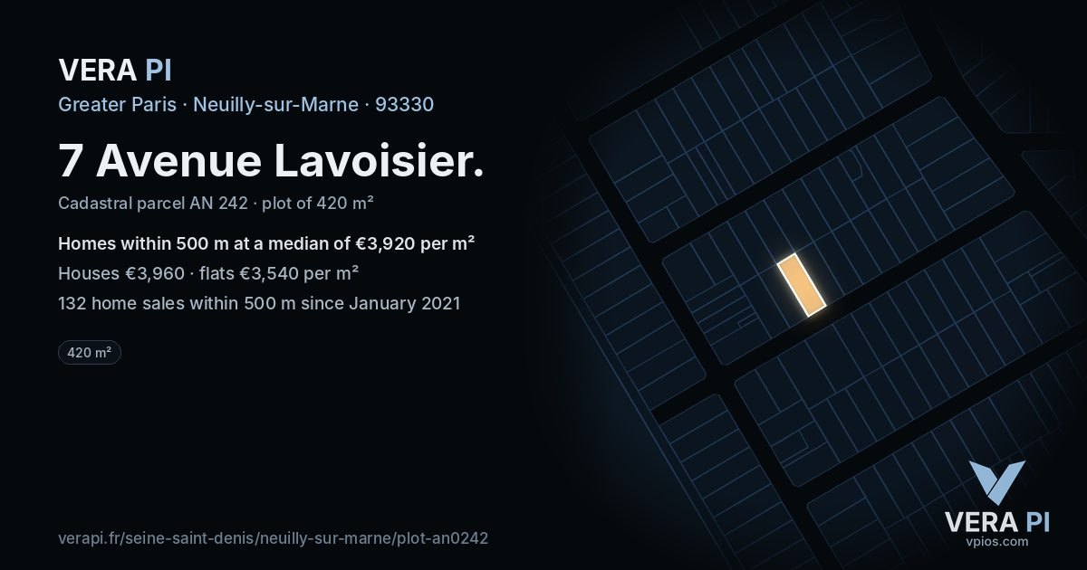 7 Avenue Lavoisier, Neuilly-sur-Marne at night – the plot lit, the parcels around coloured by the prices near them