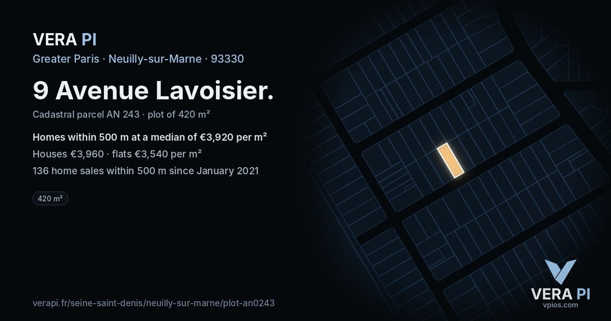 9 Avenue Lavoisier, Neuilly-sur-Marne at night – the plot lit, the parcels around coloured by the prices near them