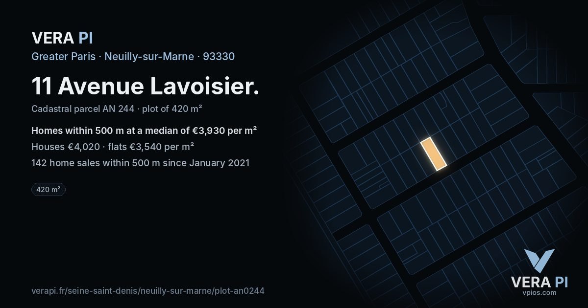 11 Avenue Lavoisier, Neuilly-sur-Marne at night – the plot lit, the parcels around coloured by the prices near them