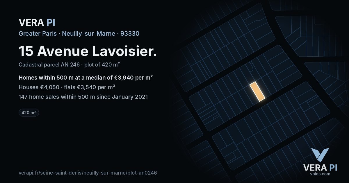 15 Avenue Lavoisier, Neuilly-sur-Marne at night – the plot lit, the parcels around coloured by the prices near them
