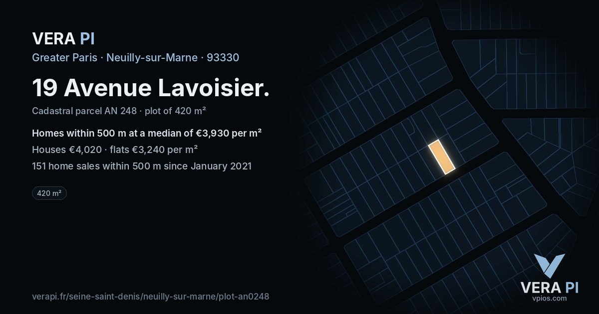 19 Avenue Lavoisier, Neuilly-sur-Marne at night – the plot lit, the parcels around coloured by the prices near them