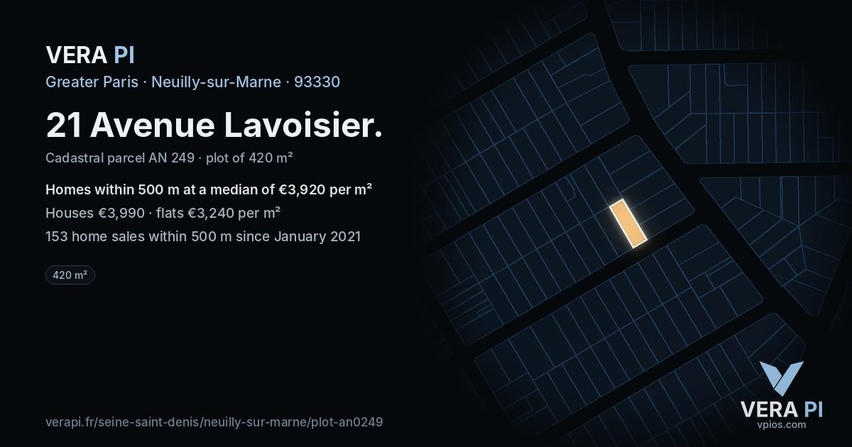 21 Avenue Lavoisier, Neuilly-sur-Marne at night – the plot lit, the parcels around coloured by the prices near them