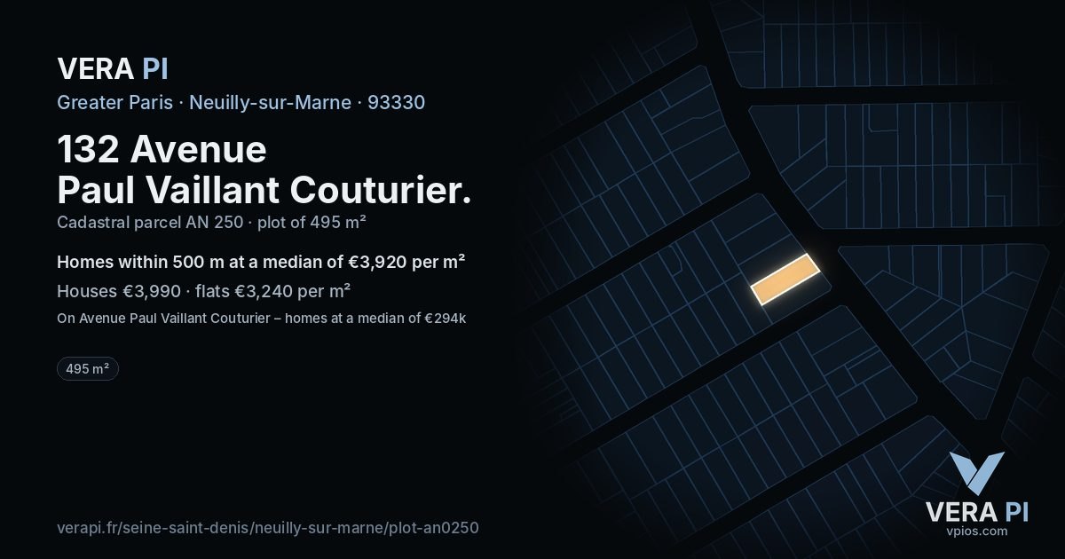 132 Avenue Paul Vaillant Couturier, Neuilly-sur-Marne at night – the plot lit, the parcels around coloured by the prices near them