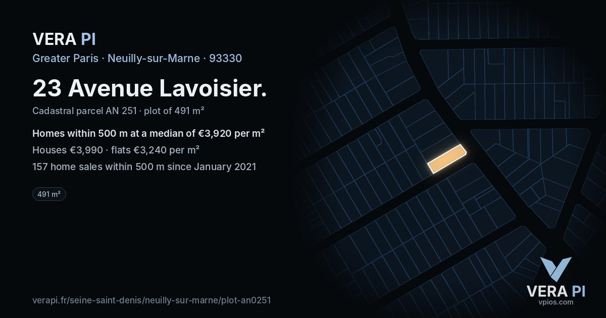 23 Avenue Lavoisier, Neuilly-sur-Marne at night – the plot lit, the parcels around coloured by the prices near them