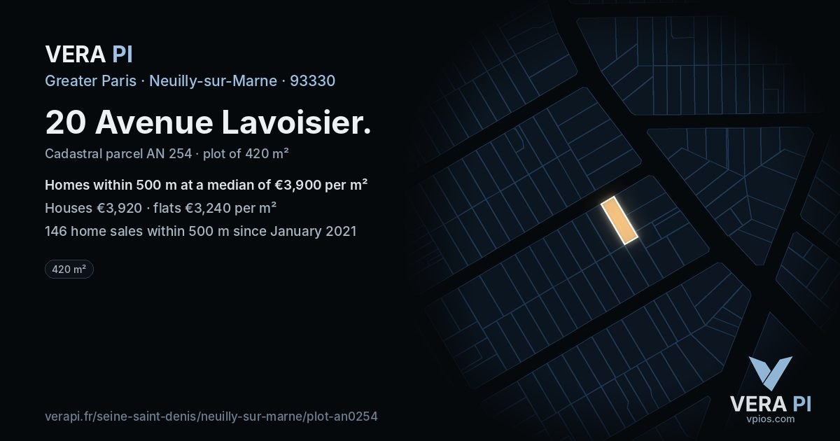 20 Avenue Lavoisier, Neuilly-sur-Marne at night – the plot lit, the parcels around coloured by the prices near them