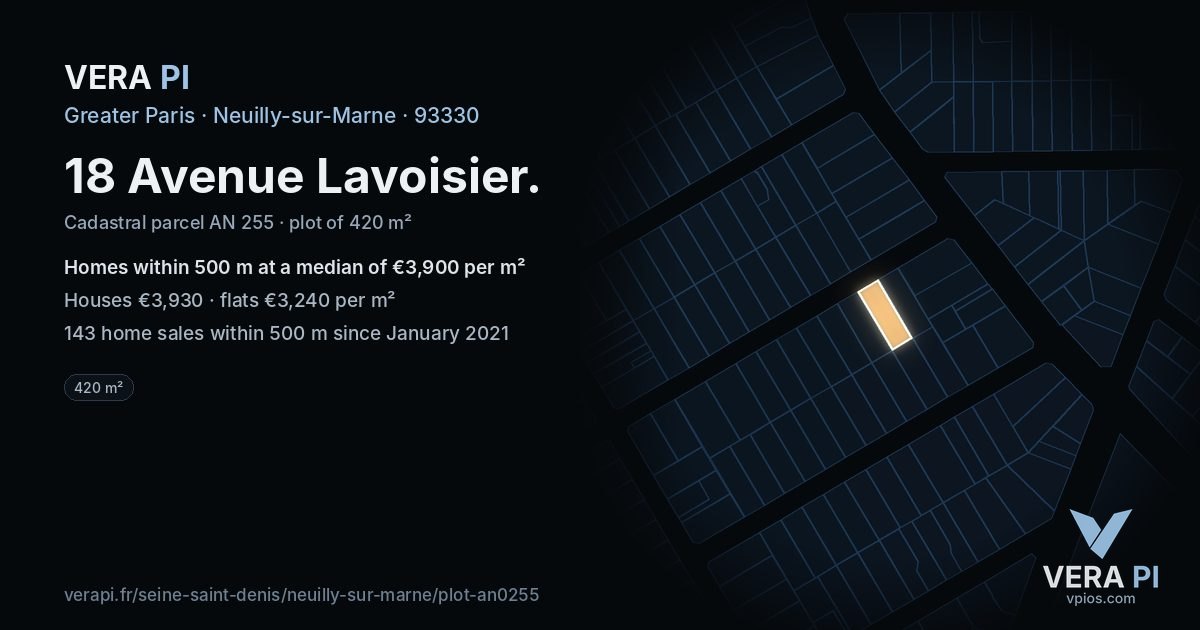 18 Avenue Lavoisier, Neuilly-sur-Marne at night – the plot lit, the parcels around coloured by the prices near them