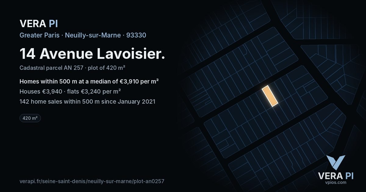 14 Avenue Lavoisier, Neuilly-sur-Marne at night – the plot lit, the parcels around coloured by the prices near them