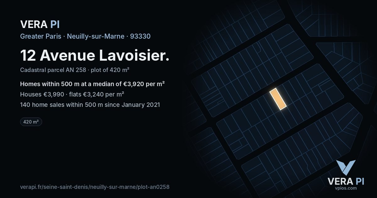 12 Avenue Lavoisier, Neuilly-sur-Marne at night – the plot lit, the parcels around coloured by the prices near them